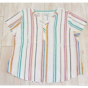 Van Heusen XL‎ Multicolor On White Striped Short Sleeve Pullover Blouse Sz XL